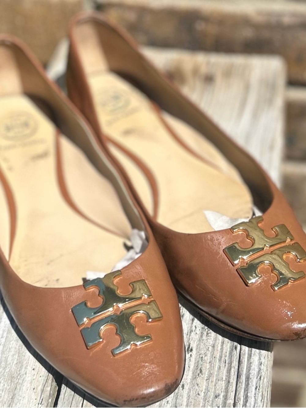 Tory Burch Raleigh Ballet Flats Leather Gold Logo‎ Slip On Size 7.5 - Picture 4 of 14